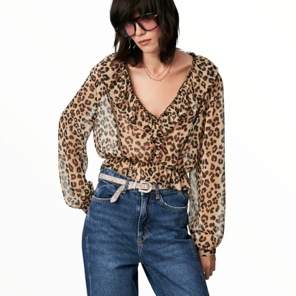 ZARA | Brown | ANIMAL PRINT CROPPED BLOUSE - Picture 5 of 11